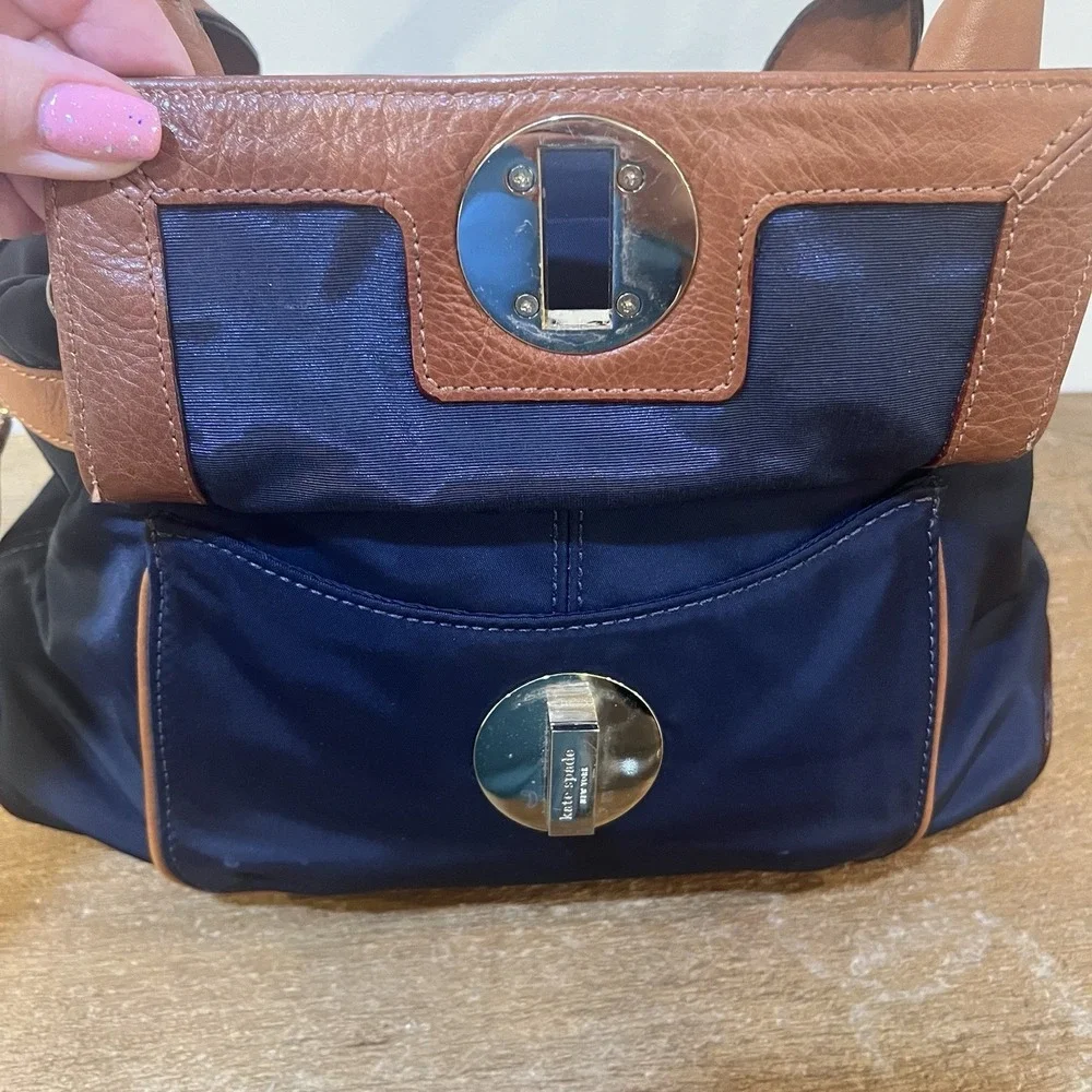 Kate Spade NY Navy Nylon Satchel Brown‎ Leather Trim Mini Bowler Top Handle Bag